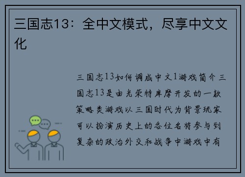 三国志13：全中文模式，尽享中文文化